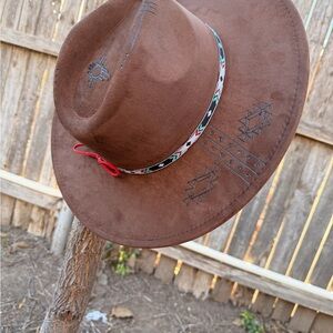 Brown hand burned women’s Hat with Red Accent